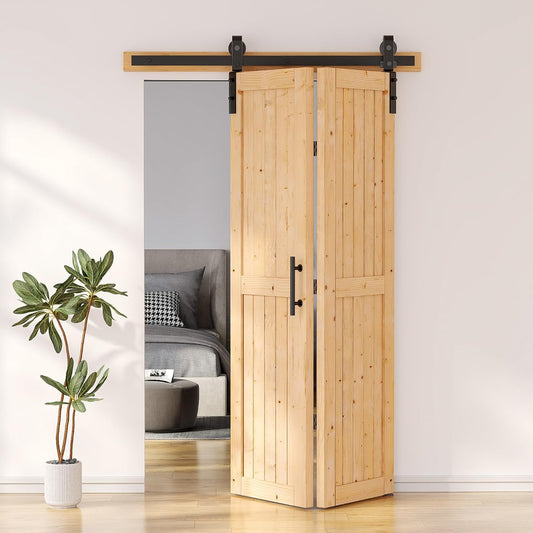 SKYSEN 48" X 84" Bifold Barn Door with 52" Bifold Barn Door Hardware Kit, Including Handle and Pulls, Unfinished Solid Spruce Wood Panel, Pre-Drilled and Assembled(48 * 84-52-fold)