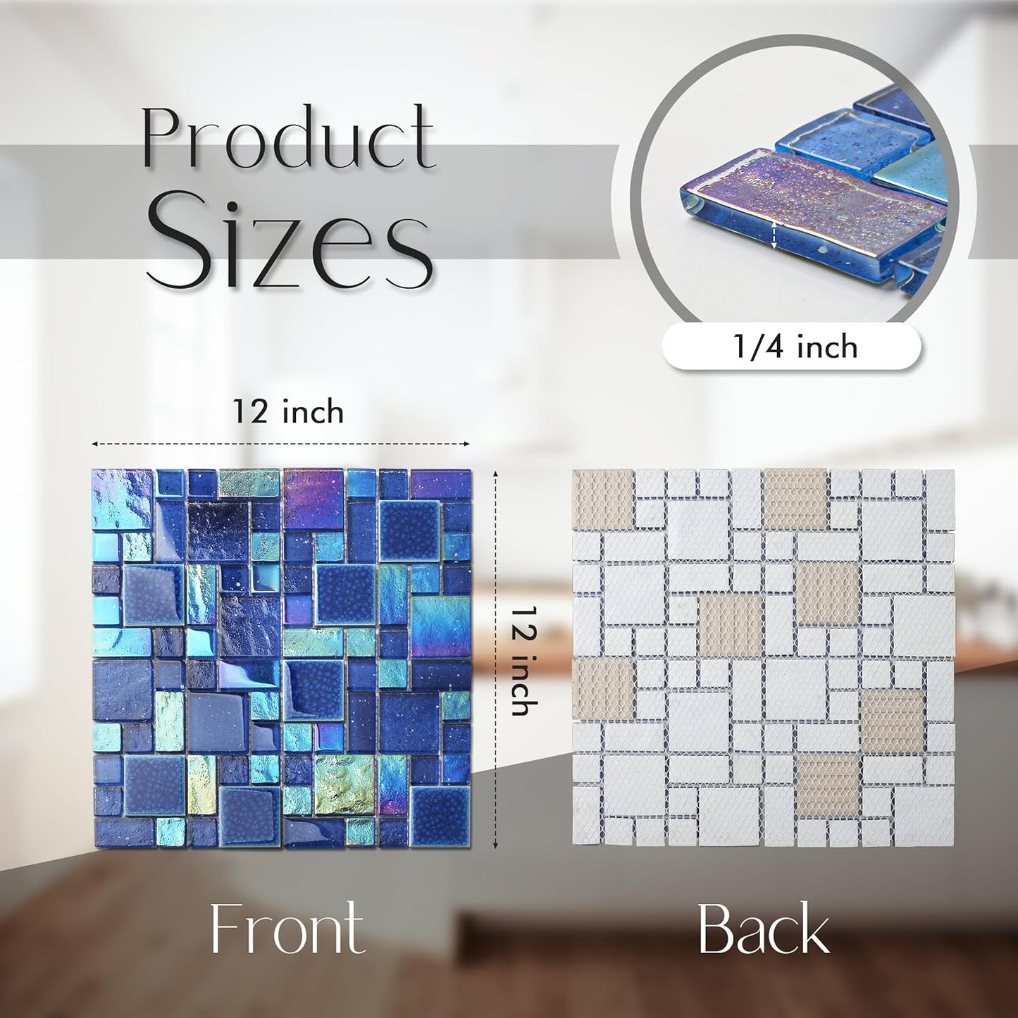 Blujellyfish Blue Glass Mosaic Tiles French Pattern Square Mosaics Sheets Iridescent Cobalt Blue Crystal Glass Ceramic Accent Wall Tile for Swimming Pool Kitchen Bathroom Backsplash (5 Square Feet)