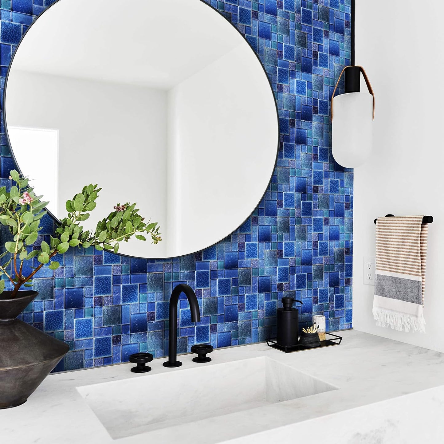 Blujellyfish Blue Glass Mosaic Tiles French Pattern Square Mosaics Sheets Iridescent Cobalt Blue Crystal Glass Ceramic Accent Wall Tile for Swimming Pool Kitchen Bathroom Backsplash (5 Square Feet)