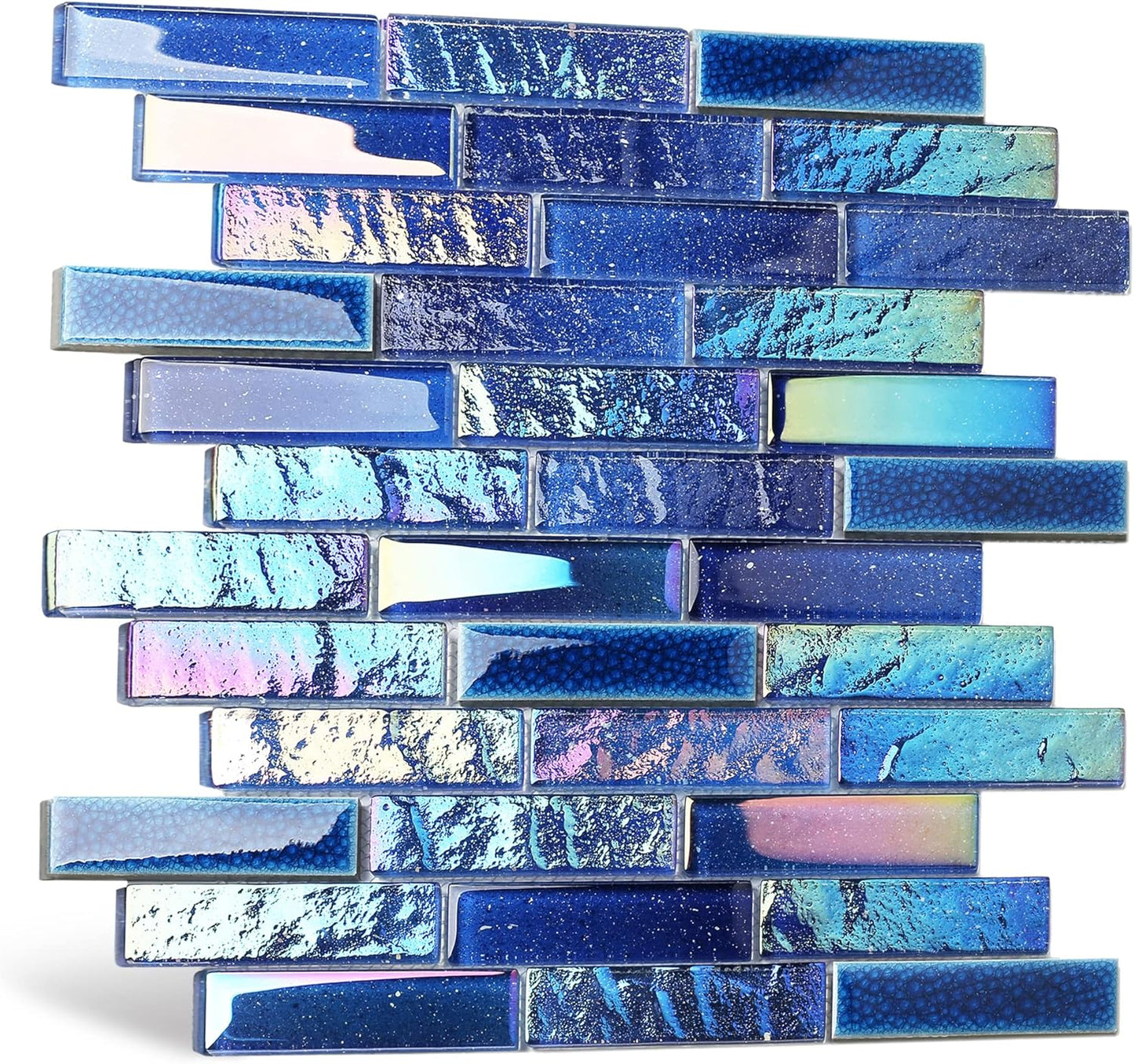 Blujellyfish Blue Glass Mosaic Tiles French Pattern Square Mosaics Sheets Iridescent Cobalt Blue Crystal Glass Ceramic Accent Wall Tile for Swimming Pool Kitchen Bathroom Backsplash (5 Square Feet)