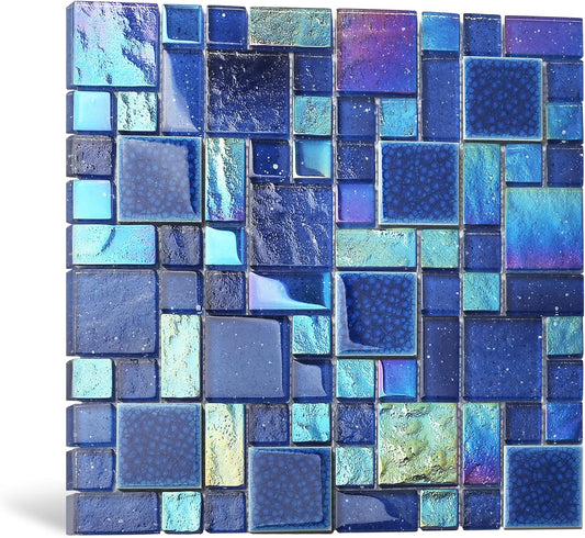 Blujellyfish Blue Glass Mosaic Tiles French Pattern Square Mosaics Sheets Iridescent Cobalt Blue Crystal Glass Ceramic Accent Wall Tile for Swimming Pool Kitchen Bathroom Backsplash (5 Square Feet)