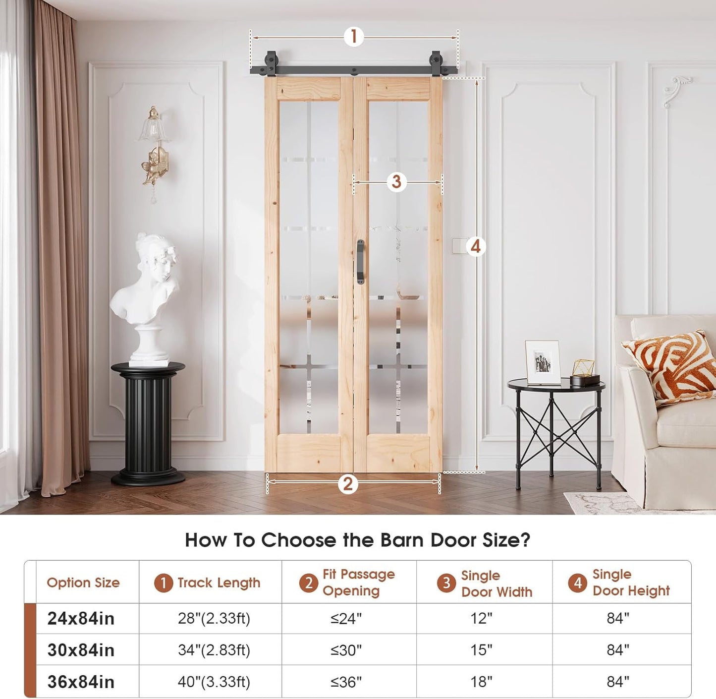 Preassembled Bifold Barn Door 36 x 84 in (Double 18x84in) with Bi-fold Door Hardware Kit, Frosted Glass Cross Transparent, Pre-Drilled Holes, French Glass Doors, Wood Slat, Fit 36in Opening
